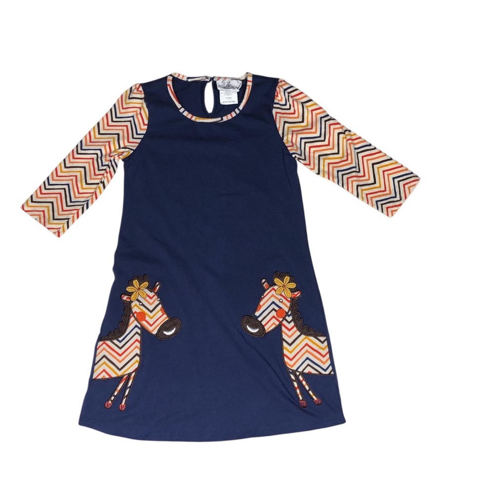 Zebra Appliqué Long Sleeve Dress Girls Size 7 Rare Editions Boho Cottagecore